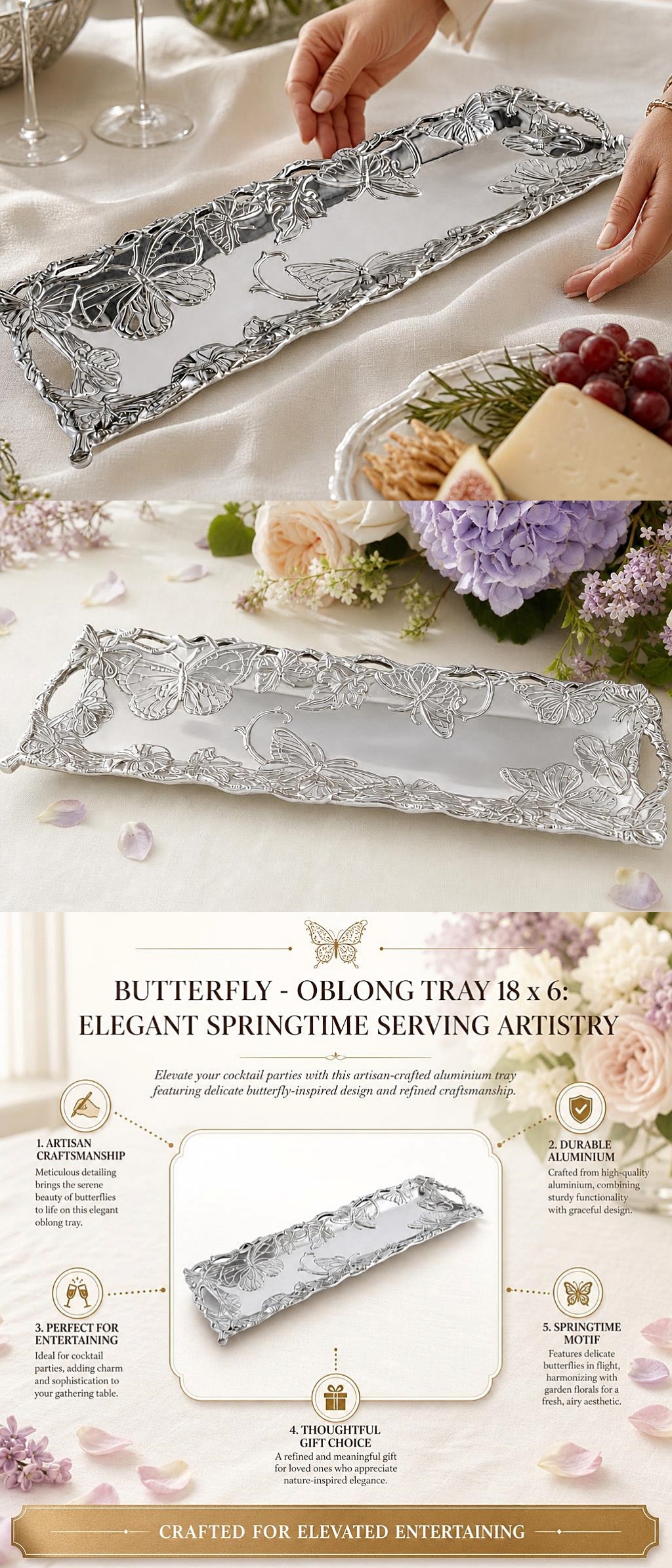 Arthur Court Beautiful Butterfly Motif Oblong Aluminum Serving Tray