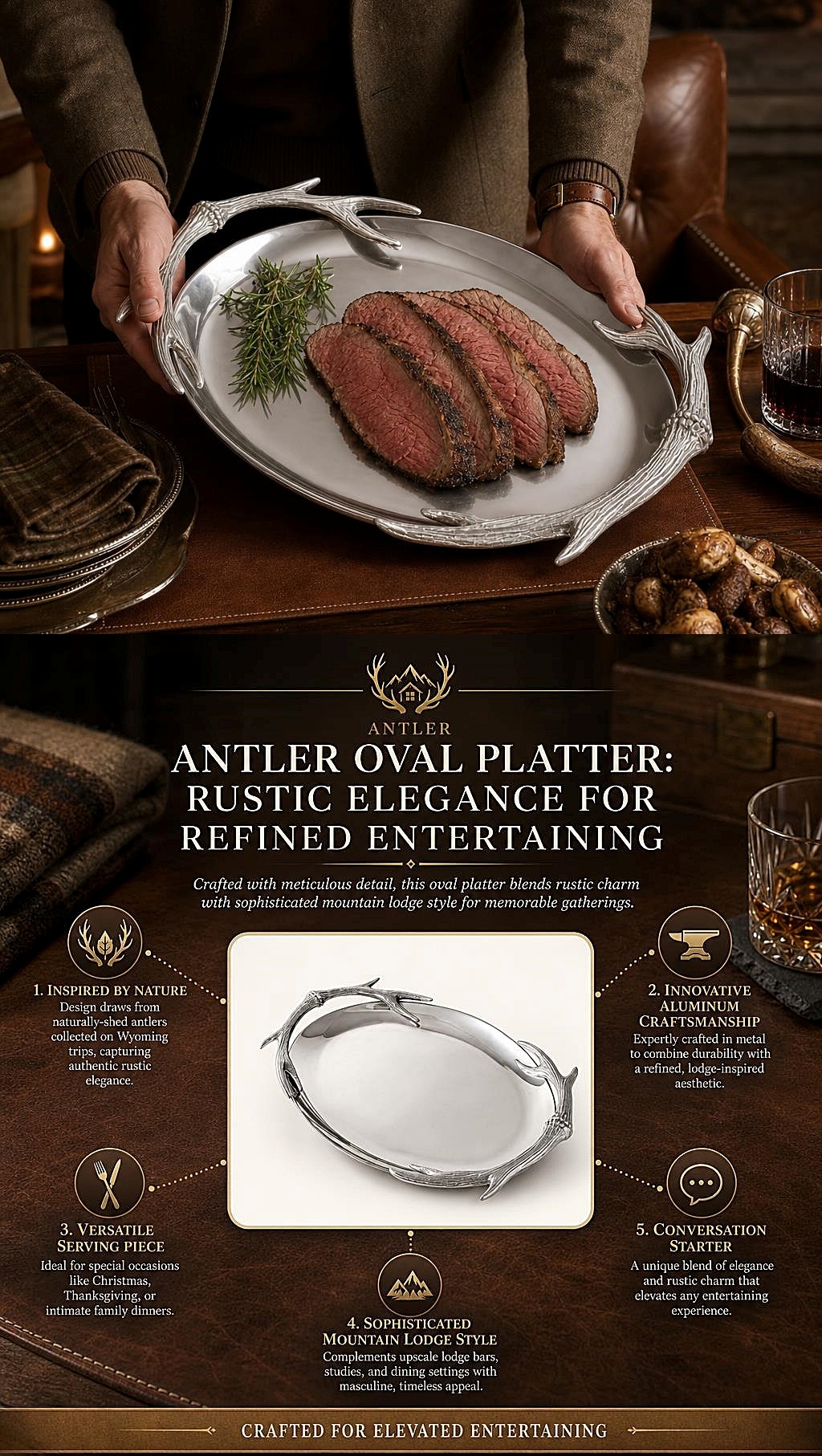 Arthur Court Lodge-Style Naturally-Shed Antlers Design Oval Metal Platter