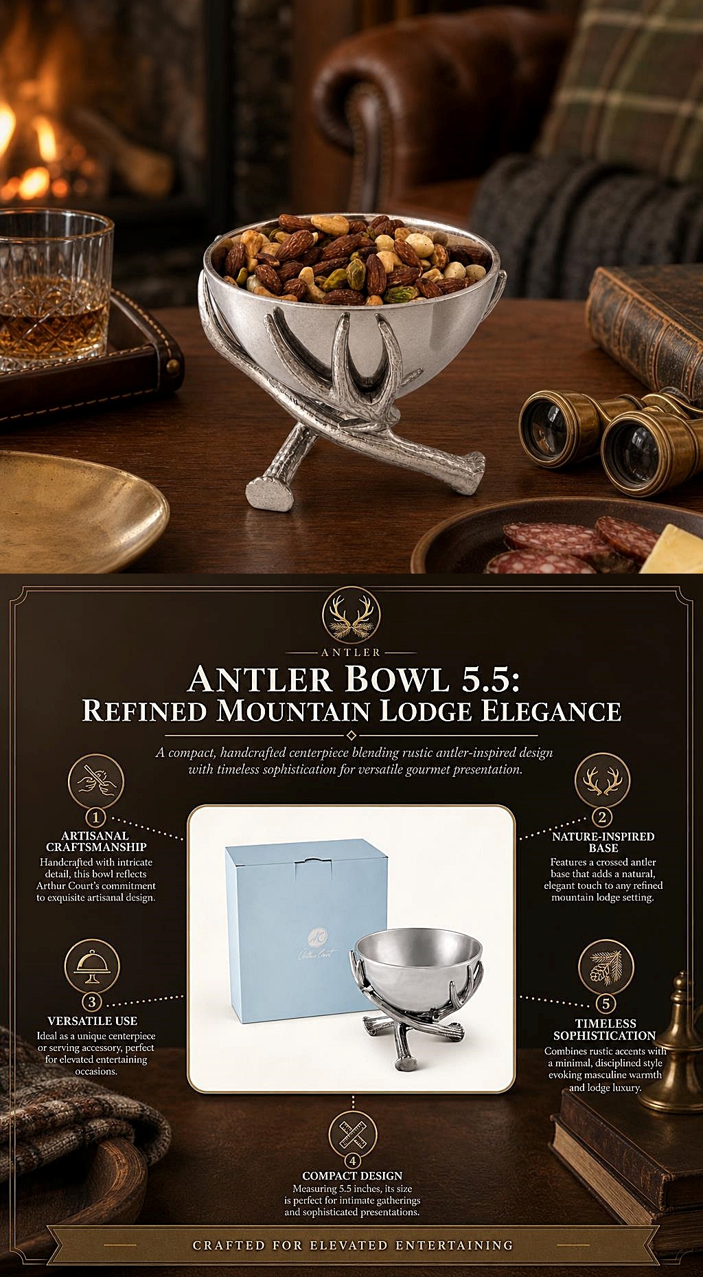 Arthur Court Lodge-Style Naturally-Shed Antlers Design Metal Serving Bowl