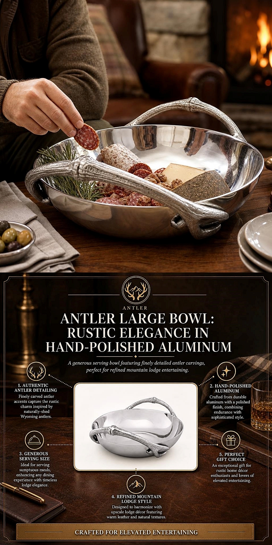 Arthur Court Lodge-Style Naturally-Shed Antlers Design Large Metal Serving Bowl