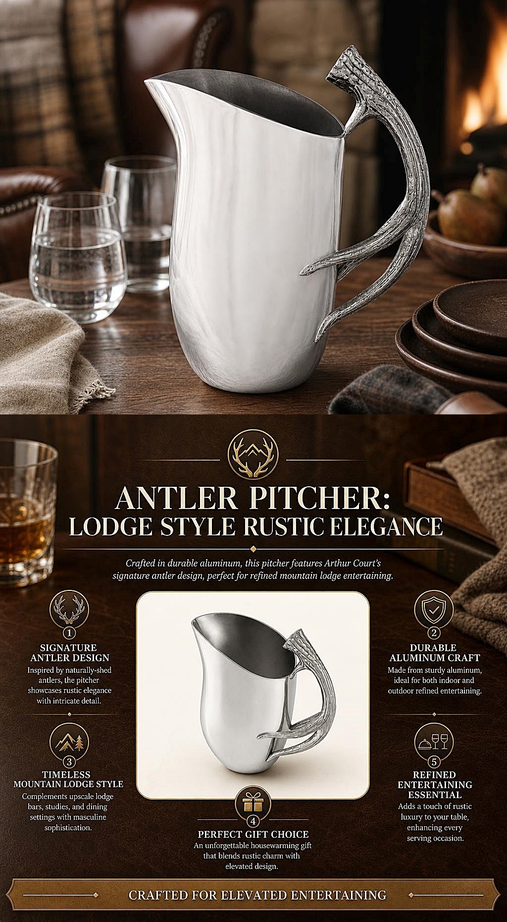 Arthur Court Lodge-Style Naturally-Shed Antler Design Aluminum Metal Pitcher