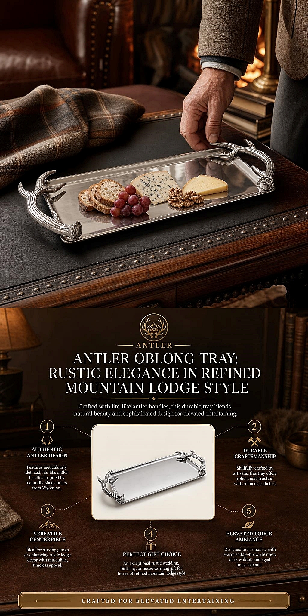 Arthur Court Lodge-Style Naturally-Shed Antlers Design Oblong Serving Tray