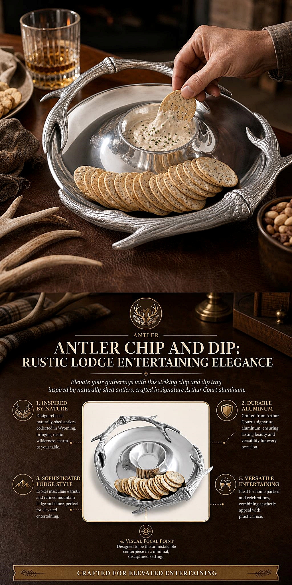 Arthur Court Lodge-Style Naturally-Shed Antlers Design Chip and Dip Tray