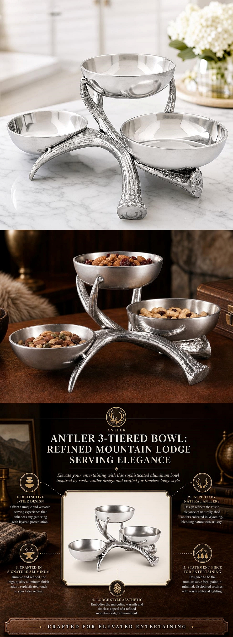Arthur Court Lodge-Style Naturally-Shed Antler Design Metal 3-Tiered Nut Bowl