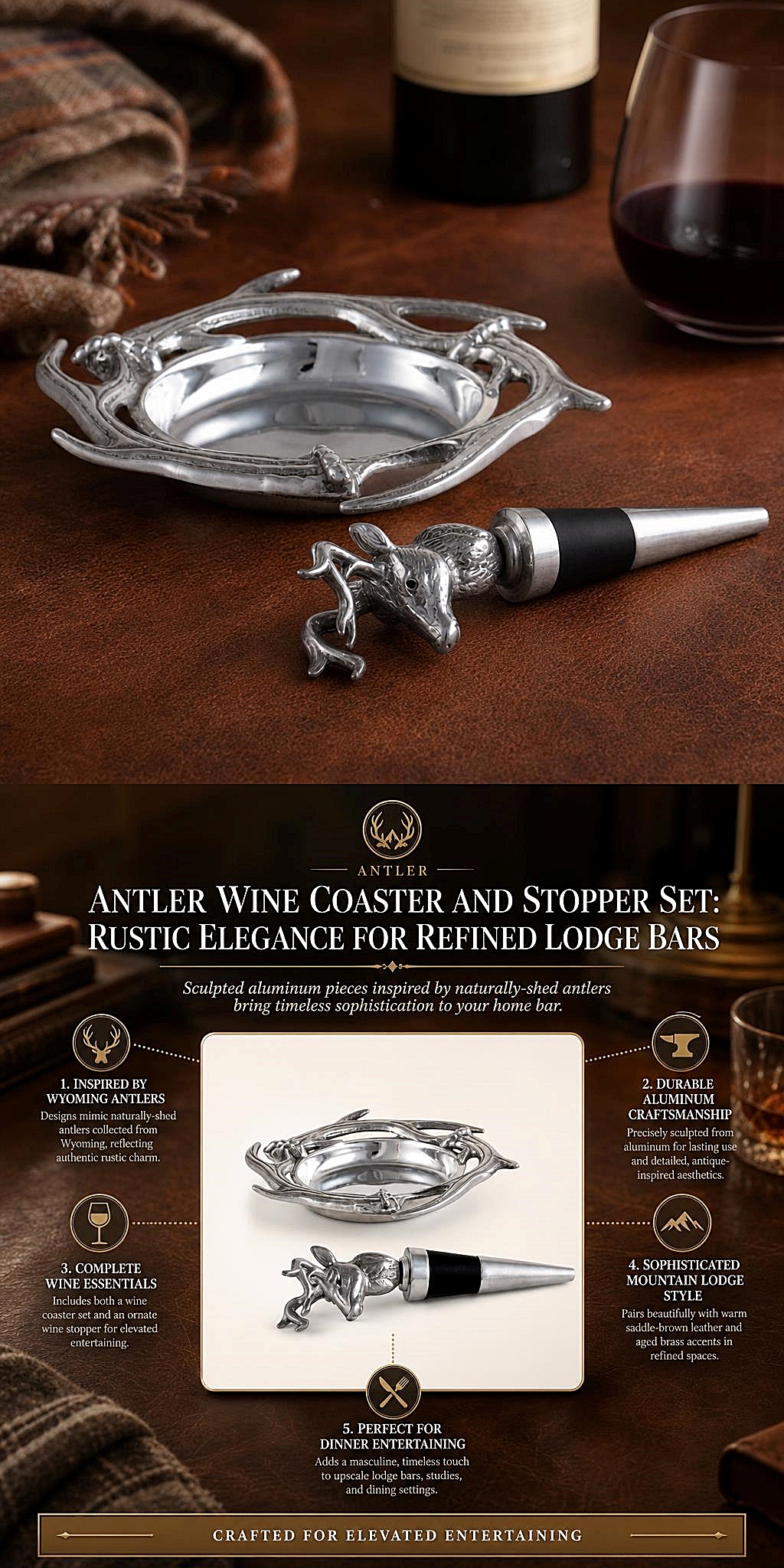 Arthur Court Naturally-Shed Antler Design Wine Coaster and Bottle Stopper Set