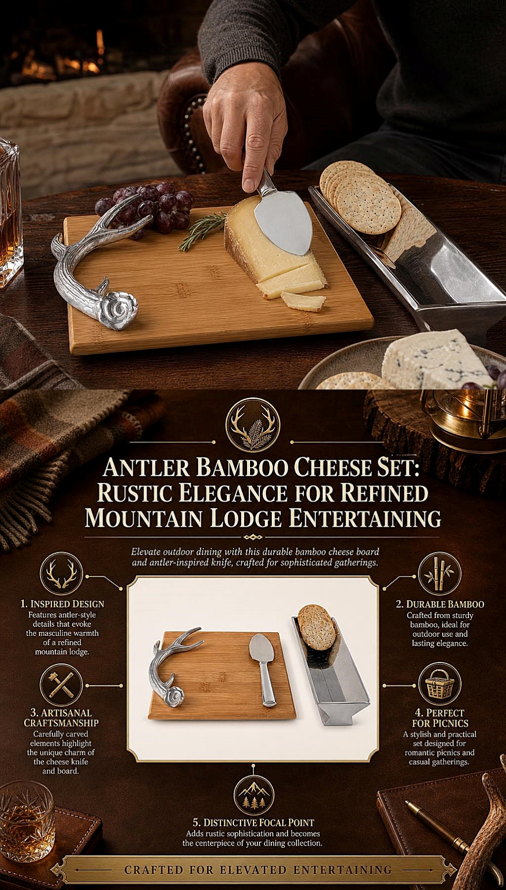 Arthur Court Lodge-Style Naturally-Shed Antler Bamboo-Wood and Metal Cheese Set