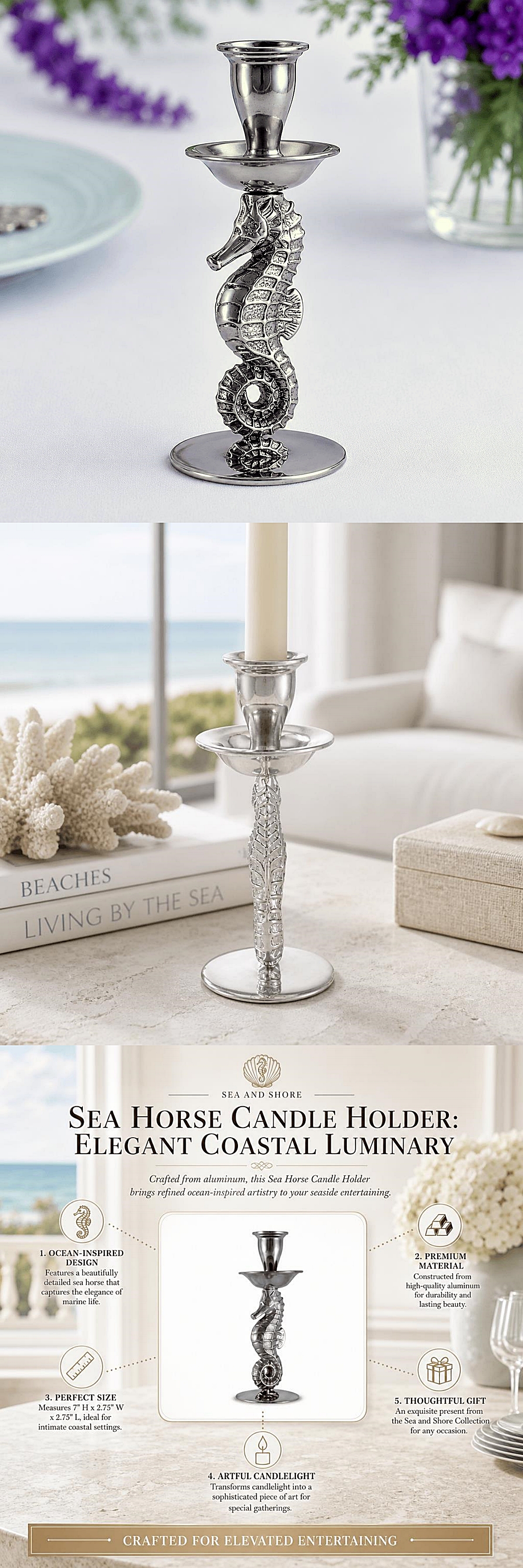 Arthur Court Elegant Coastal Luminary: Pewter Seahorse Candle Holder