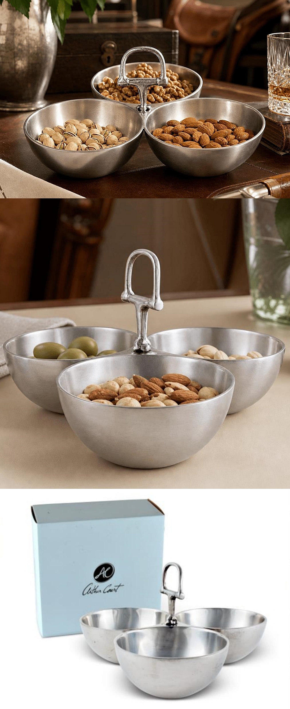 Arthur Court Refined Equestrian Bit Design 3 Nut Metal-Alloy Serving Bowl