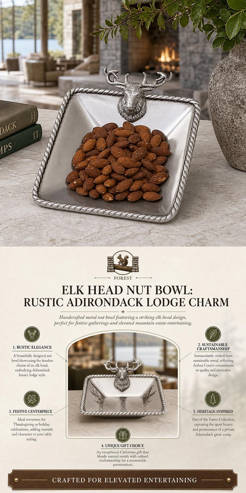 Arthur Court Forest Collection Rustic Elk Head Design Metal Nut Bowl