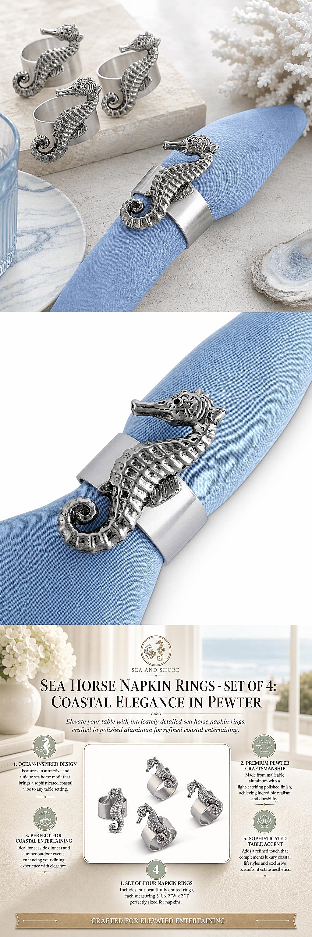 Arthur Court Coastal Elegance Theme Pewter Seahorse Napkin Rings (Set of 4)