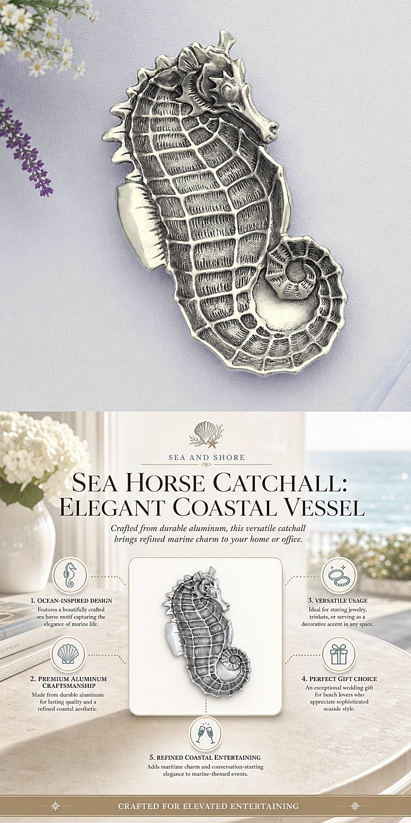Arthur Court Coastal Elegance Theme Pewter Seahorse Catchall Tray