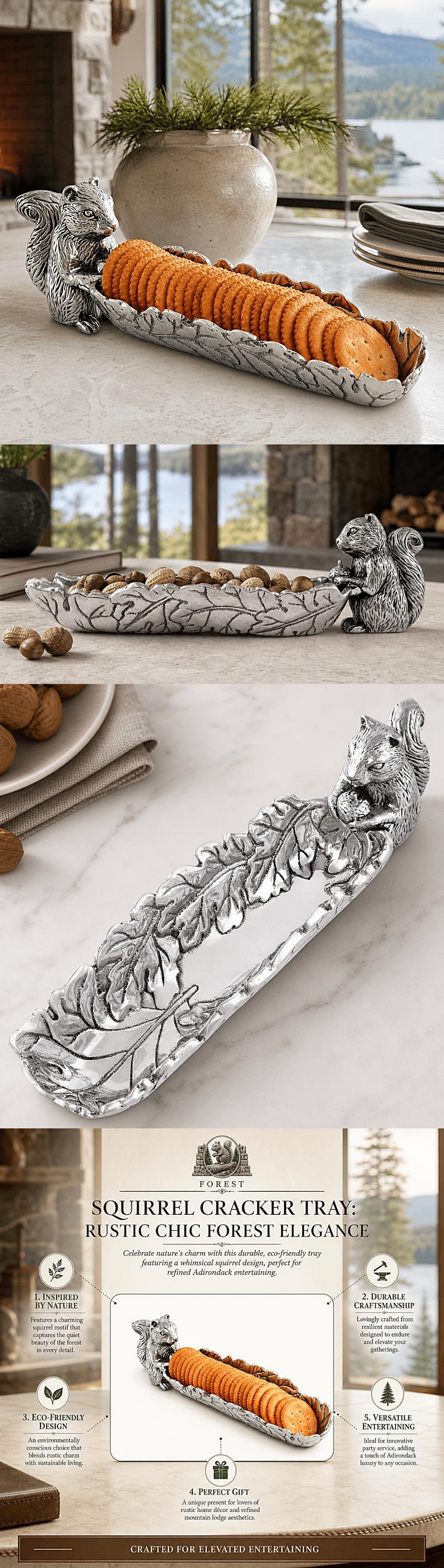 Arthur Court Forest Collection Rustic Squirrel & Fall Leaves Motif Cracker Tray
