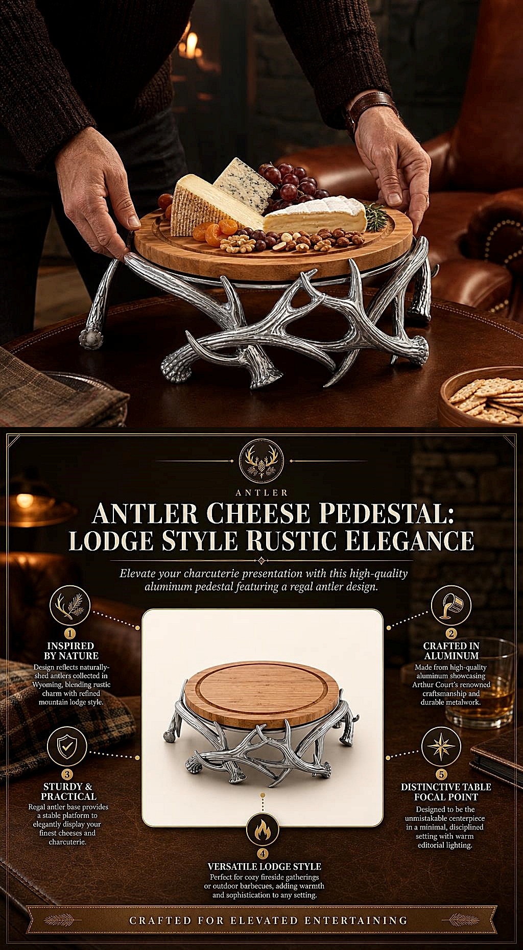 Arthur Court Naturally-Shed Antlers Design Aluminum & Wood Cheese Pedestal