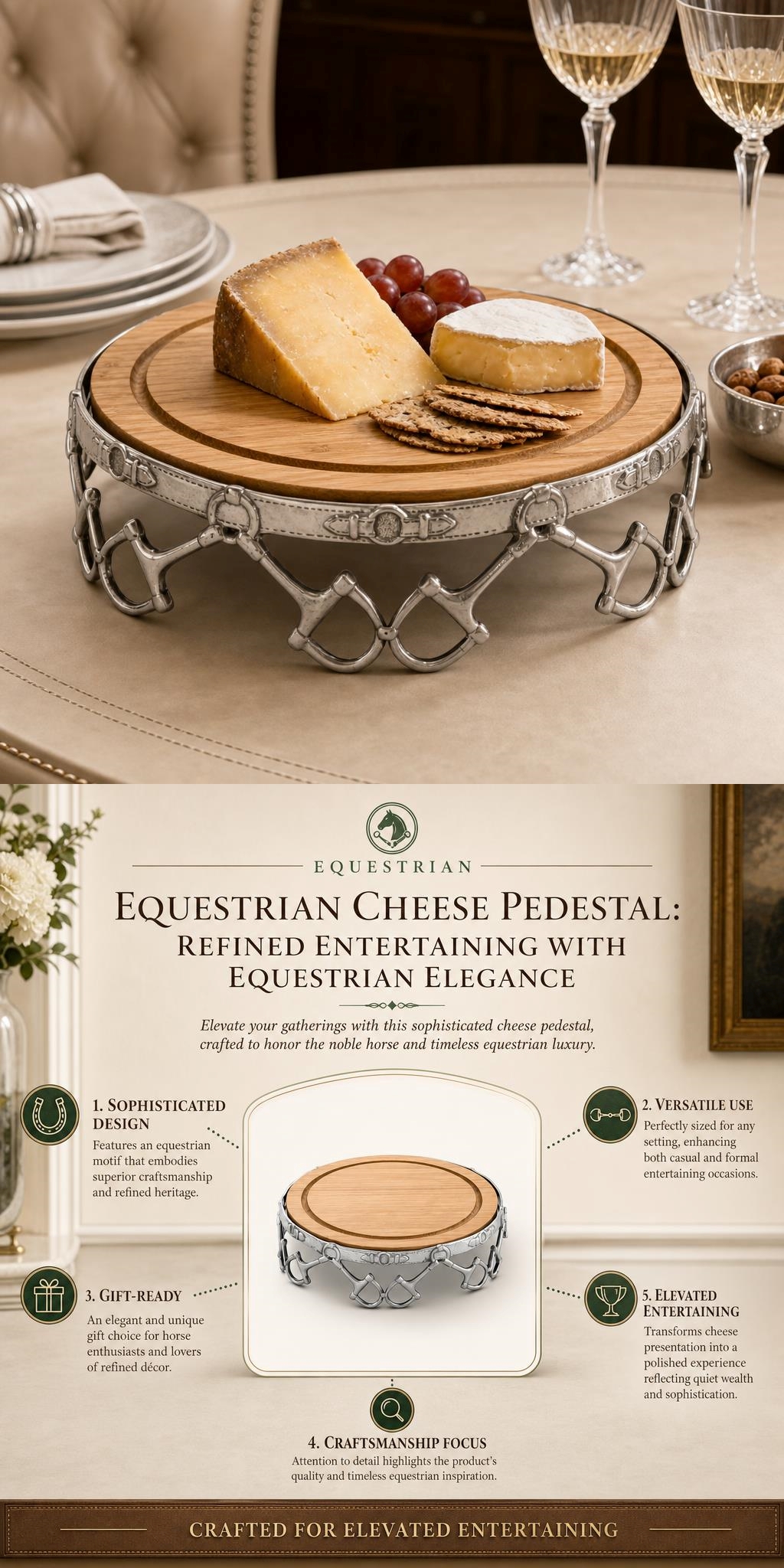 Arthur Court Equestrian Design Aluminum and Bamboo-Wood Cheese Pedestal