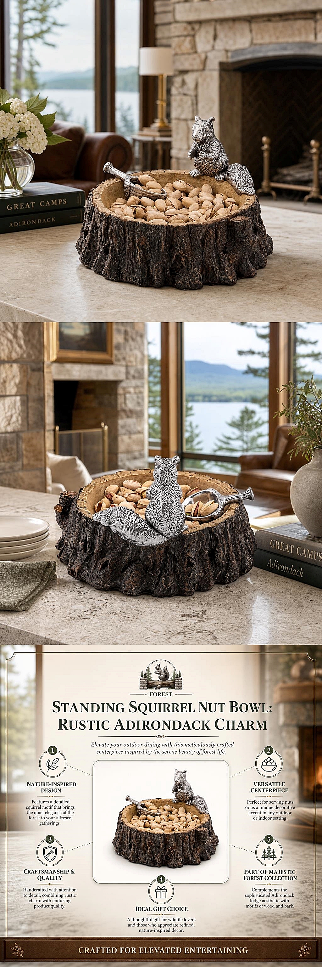 Arthur Court Forest Collection Rustic Standing Squirrel Nut Bowl and Scoop