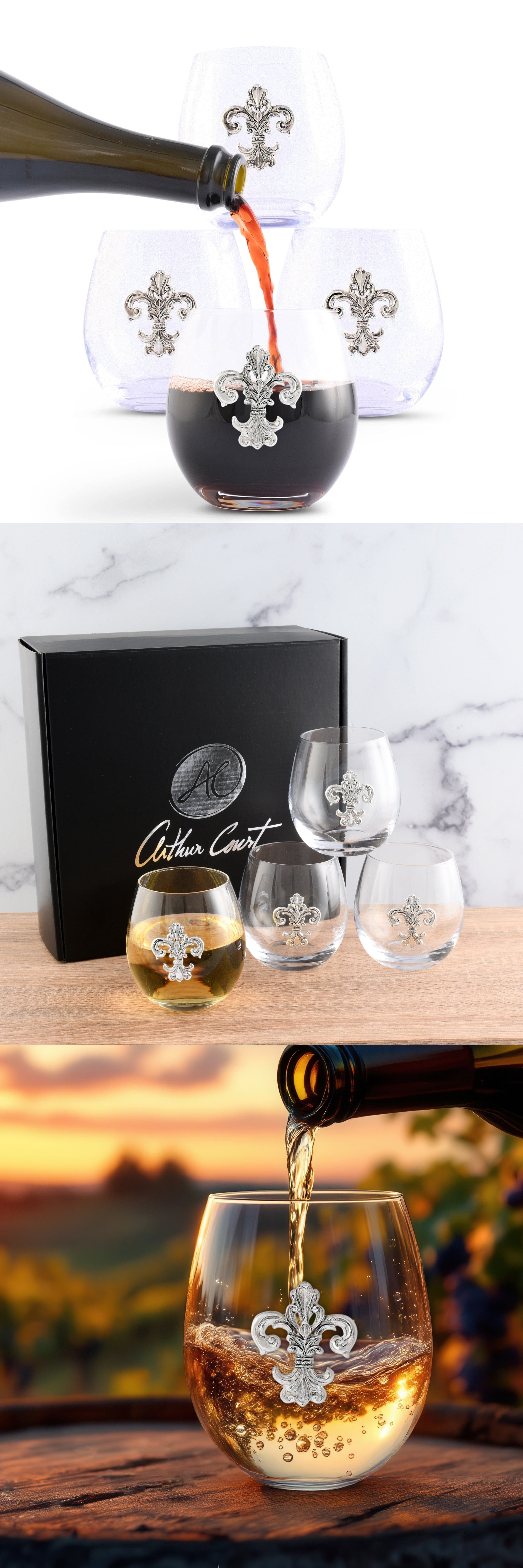 Arthur Court Metal Fleur de Lis Medallioned Stemless Wine Glasses (Set of 4)