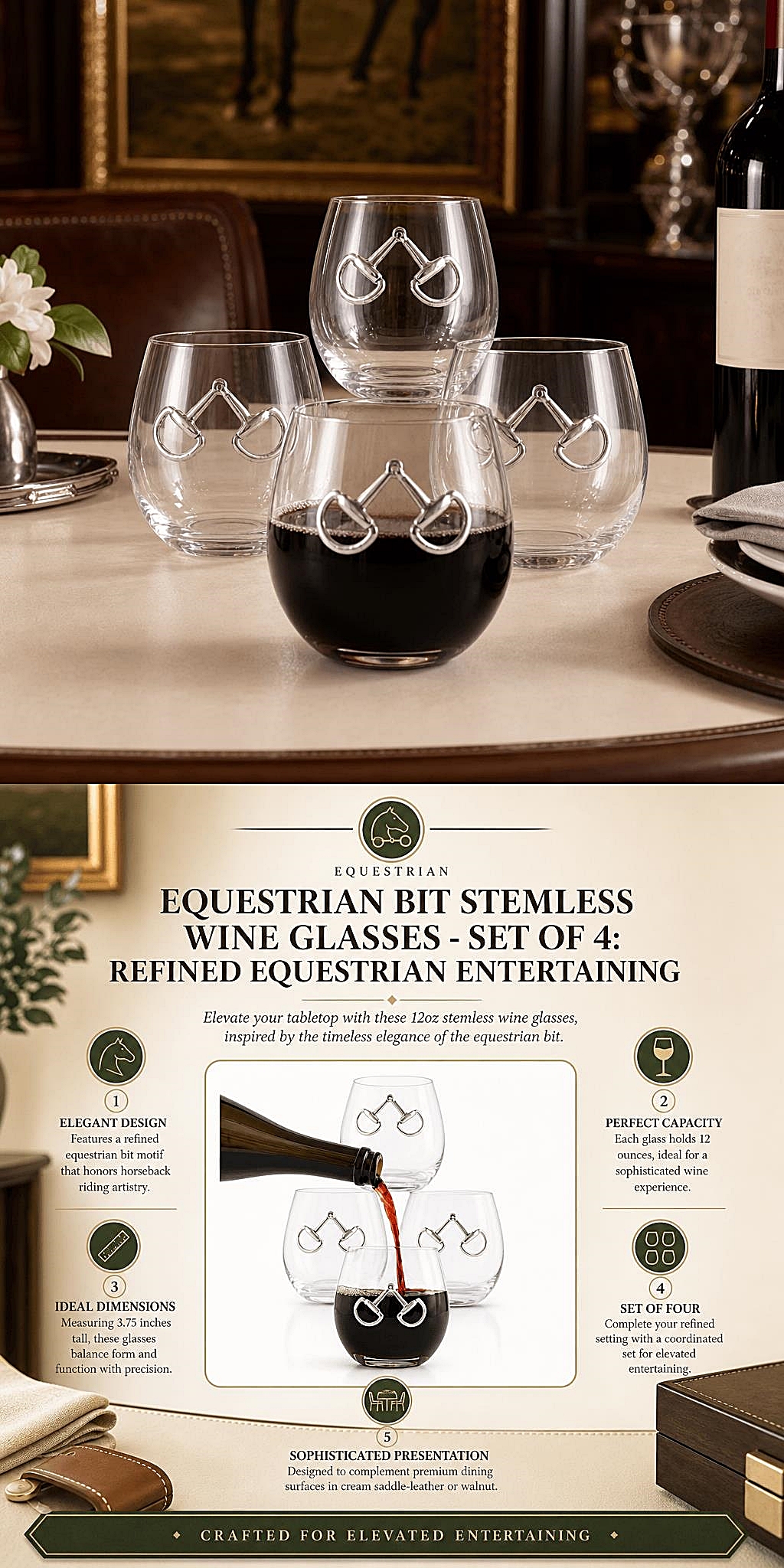 Arthur Court Equestrian Bit Motif 12oz Stemless Wine Glasses (Set of 4)