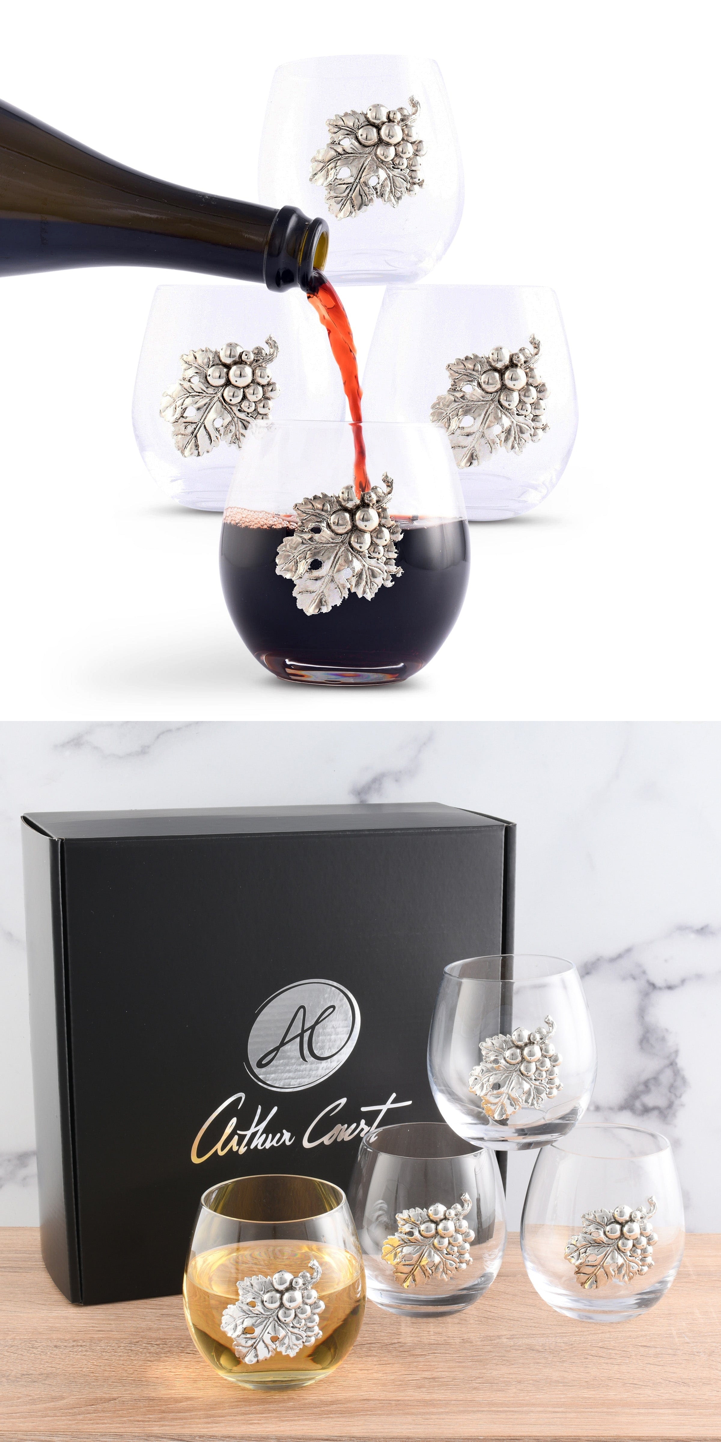 Arthur Court Metal Grape Cluster Medallioned Stemless Wine Glasses (Set of 4)