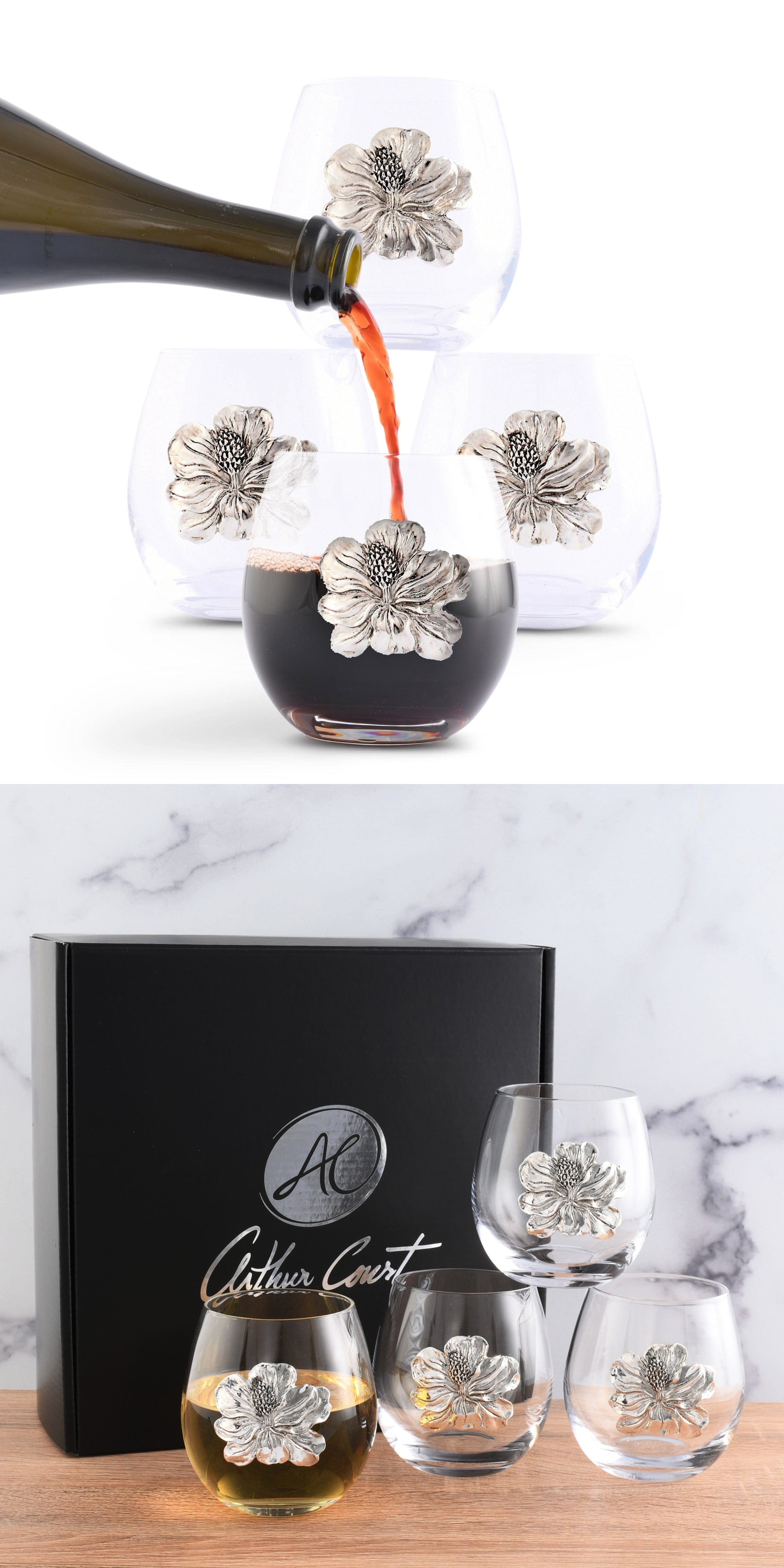 Arthur Court Metal Magnolia Medallioned Stemless Wine Glasses (Set of 4)