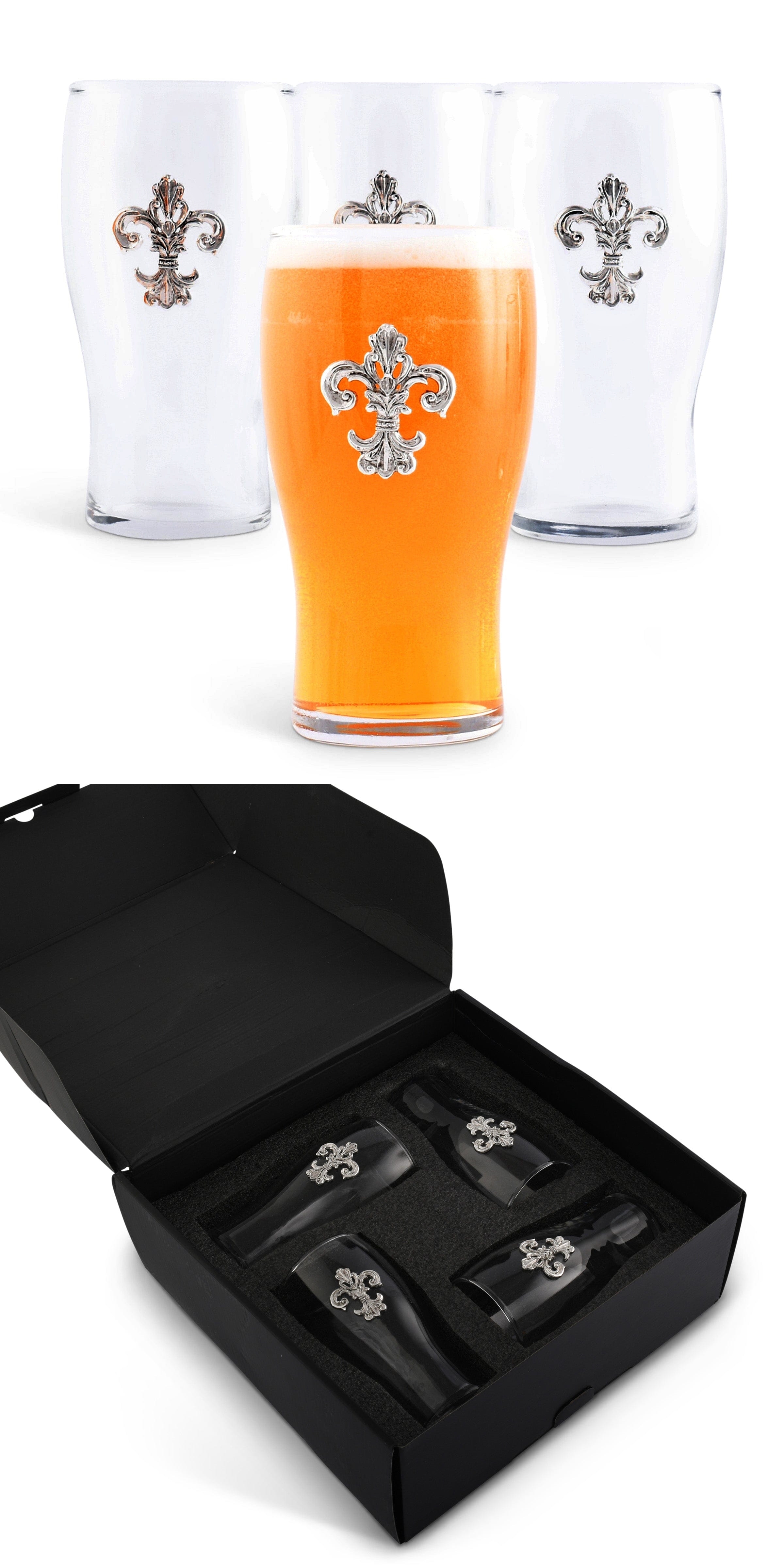 Arthur Court Metal Fleur de Lis Medallioned Beer Pint Glasses (Set of 4)