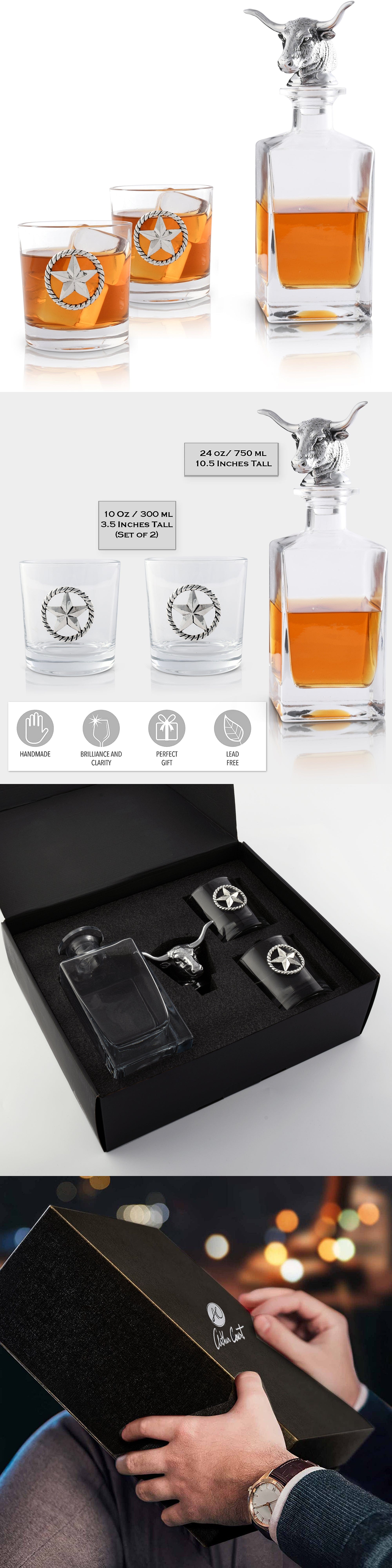 Arthur Court Longhorn Decanter Set with Pair of 'Lone Star' Rocks Glasses