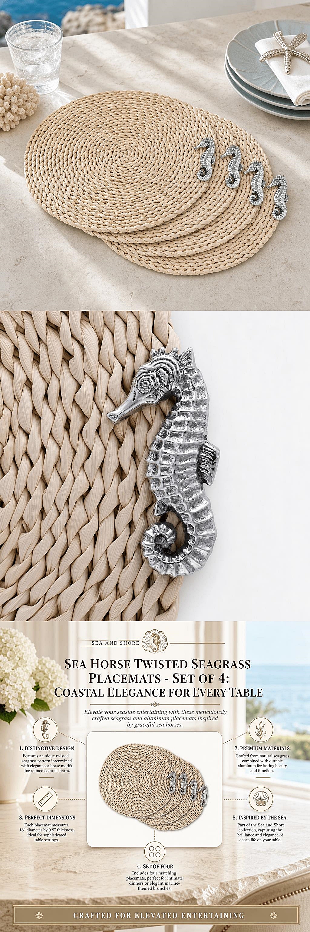 Arthur Court Twisted-Seagrass Placemats with Pewter Seahorse Accents  (Set of 4)