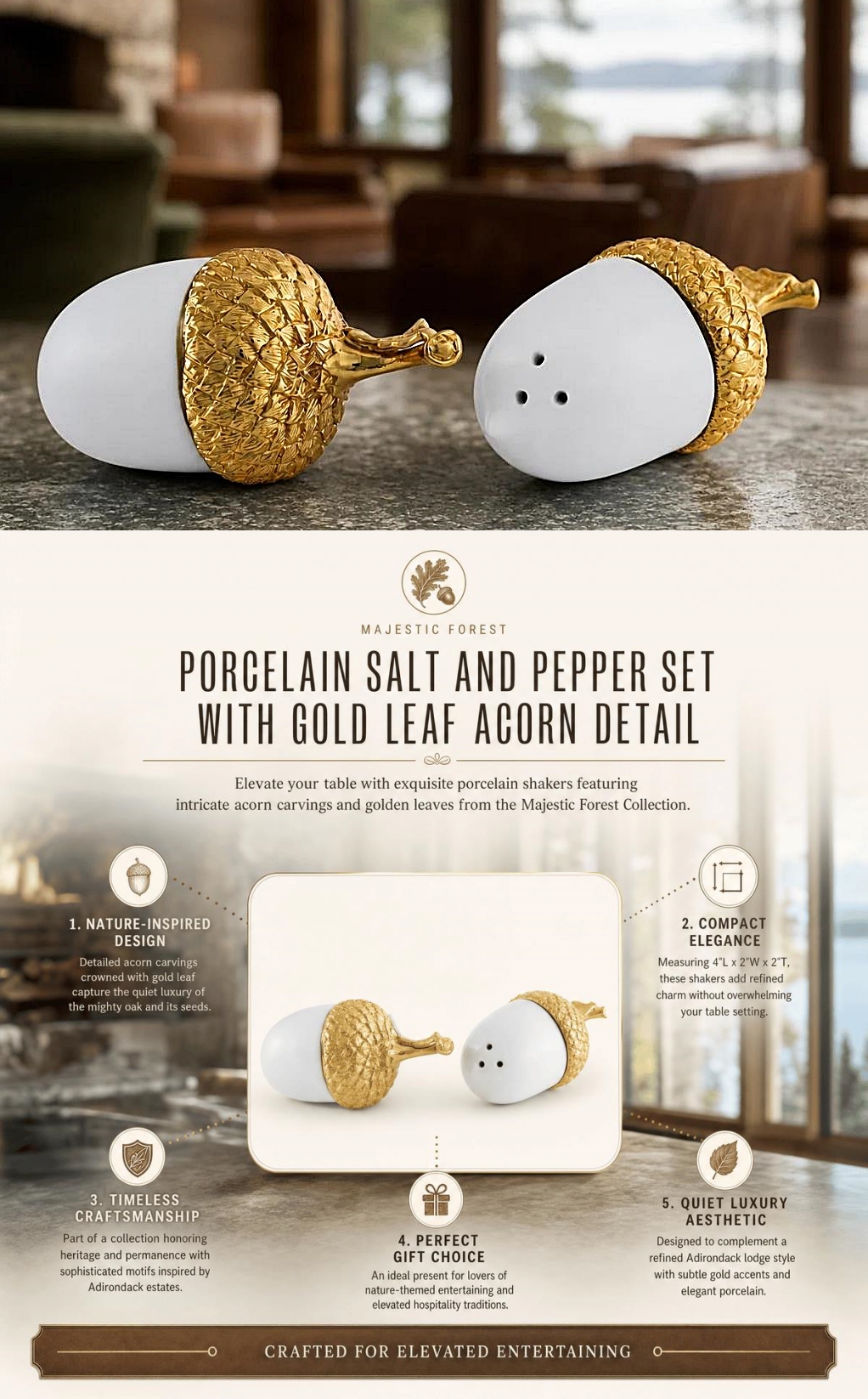 Vagabond House Porcelain Acorn-Shaped Salt & Pepper Shakers with Gold Foil Leaves