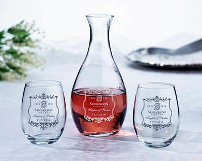 Personalized Vineyard Motif Decanter and Stemless Wine Glasses